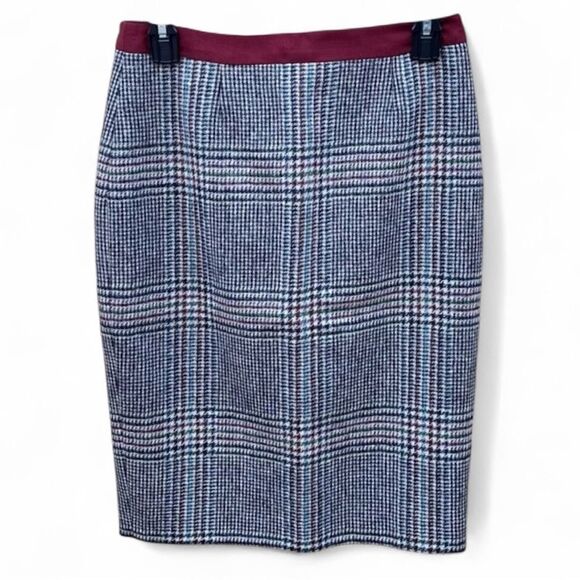 BODEN British Tweed Wool Black/Maroon/White/Blue Plaid Pencil Skirt 4 Classic - Picture 2 of 6